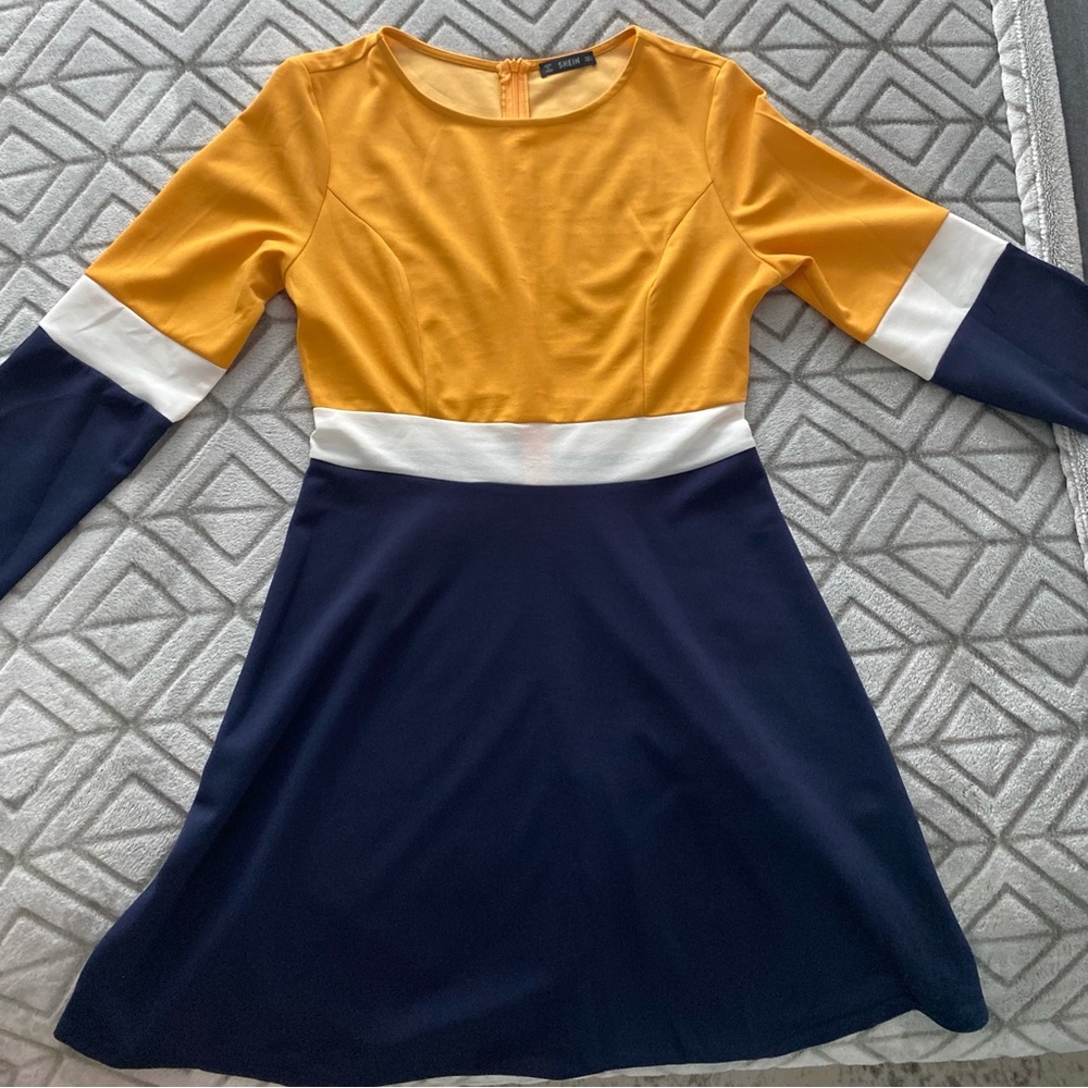 Gold + Navy Long-sleeved Dress
